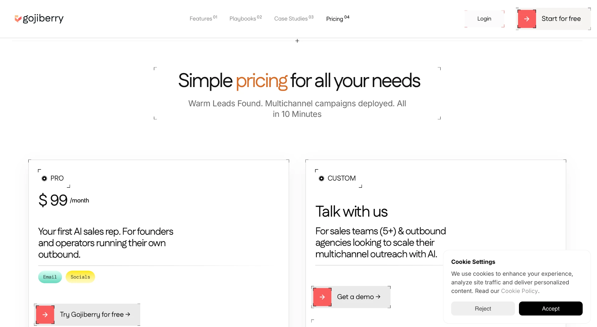 Page tarifs Gojiberry AI, plan Pro à 99 dollars par mois