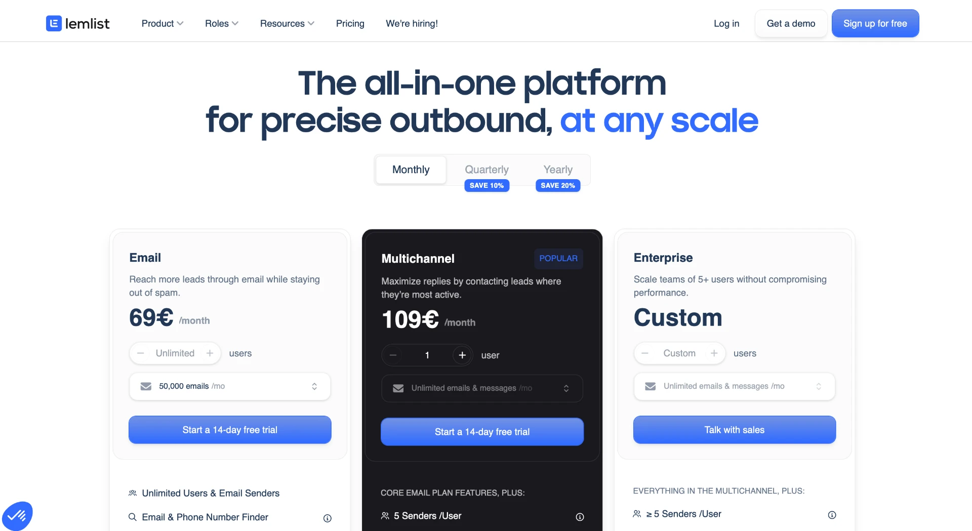 Grille tarifaire Lemlist 2026, plan Email et plan Multichannel Expert